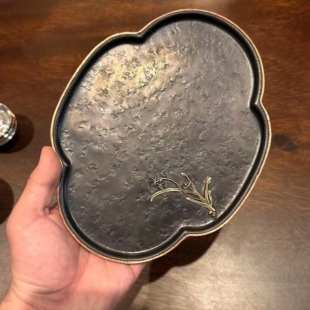 包铜边纯锡大茶盘手工锡茶具做旧茶船托盘兰花海棠壶承22x17.5cm