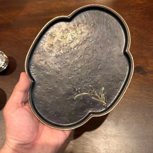 包铜边纯锡大茶盘手工锡茶具做旧茶船托盘兰花海棠壶承22x17.5cm