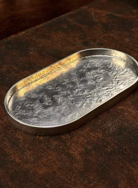 纯锡干泡盘锡壶承急须台锡托盘银色足锡文玩盘椭圆茶盘15.5x8x1cm