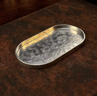 纯锡干泡盘锡壶承急须台锡托盘银色足锡文玩盘椭圆茶盘15.5x8x1cm