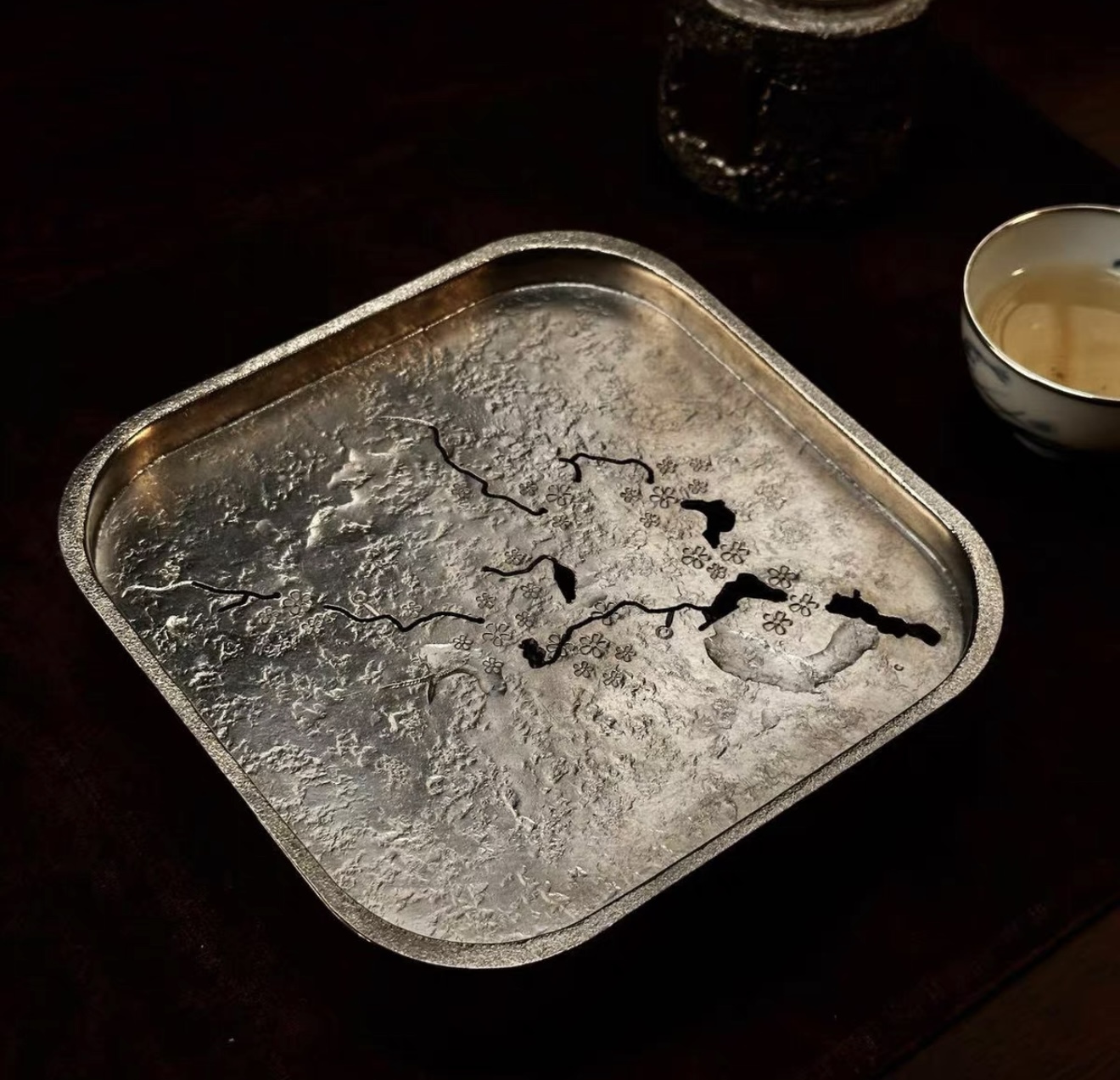 纯锡茶盘手工做旧茶具干泡台茶盘家用茶船储水紫砂壶垫15x15x4cm