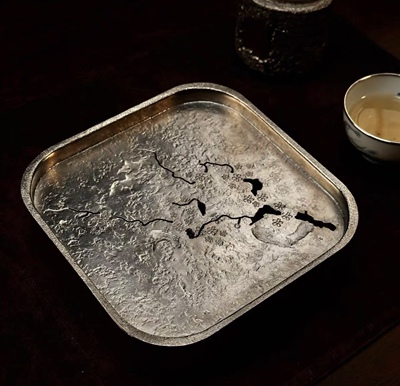 纯锡茶盘手工做旧茶具干泡台茶盘家用茶船储水紫砂壶垫15x15x4cm