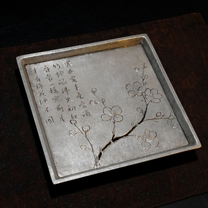 全手工纯锡四方壶承寒梅诗文蓄水茶船大容量天地盖干泡台锡制茶盘