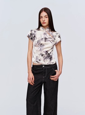 CSFC 新中式山水印花休闲镂空旗袍短袖上衣夏