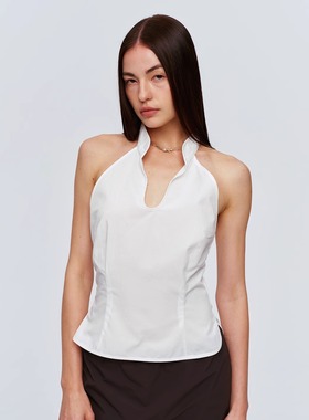 CSFC 极简新中式旗袍领挂脖露背上衣夏 纯白棉