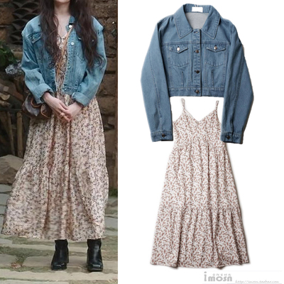 去有风的地方许红豆刘亦菲同款碎花吊带连衣裙牛仔衣2025春夏秋女