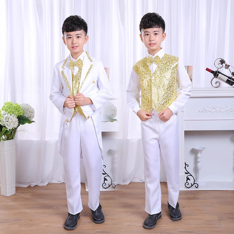 新款英伦儿童白色花童小西装燕尾礼服元旦男孩主持人走秀马甲套装