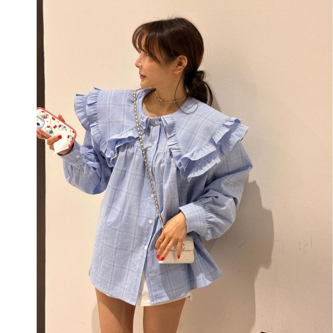 韩国甜美格纹荷叶领宽松衬衫女