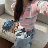 百搭条纹拼色系扣毛衣针织开衫 韩国东大门春新款 减龄V领修身 女