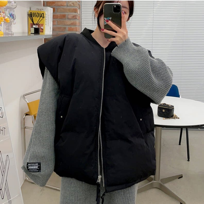 韩国拉链纯色面包棉服马甲外套女