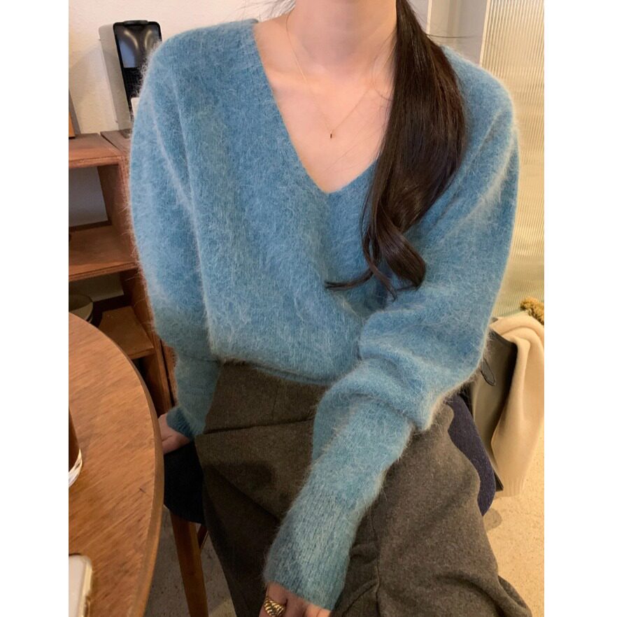 韩国宽松V领软糯毛绒针织毛衣女