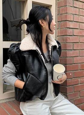 韩国翻领拉链羊羔毛短款机车皮衣