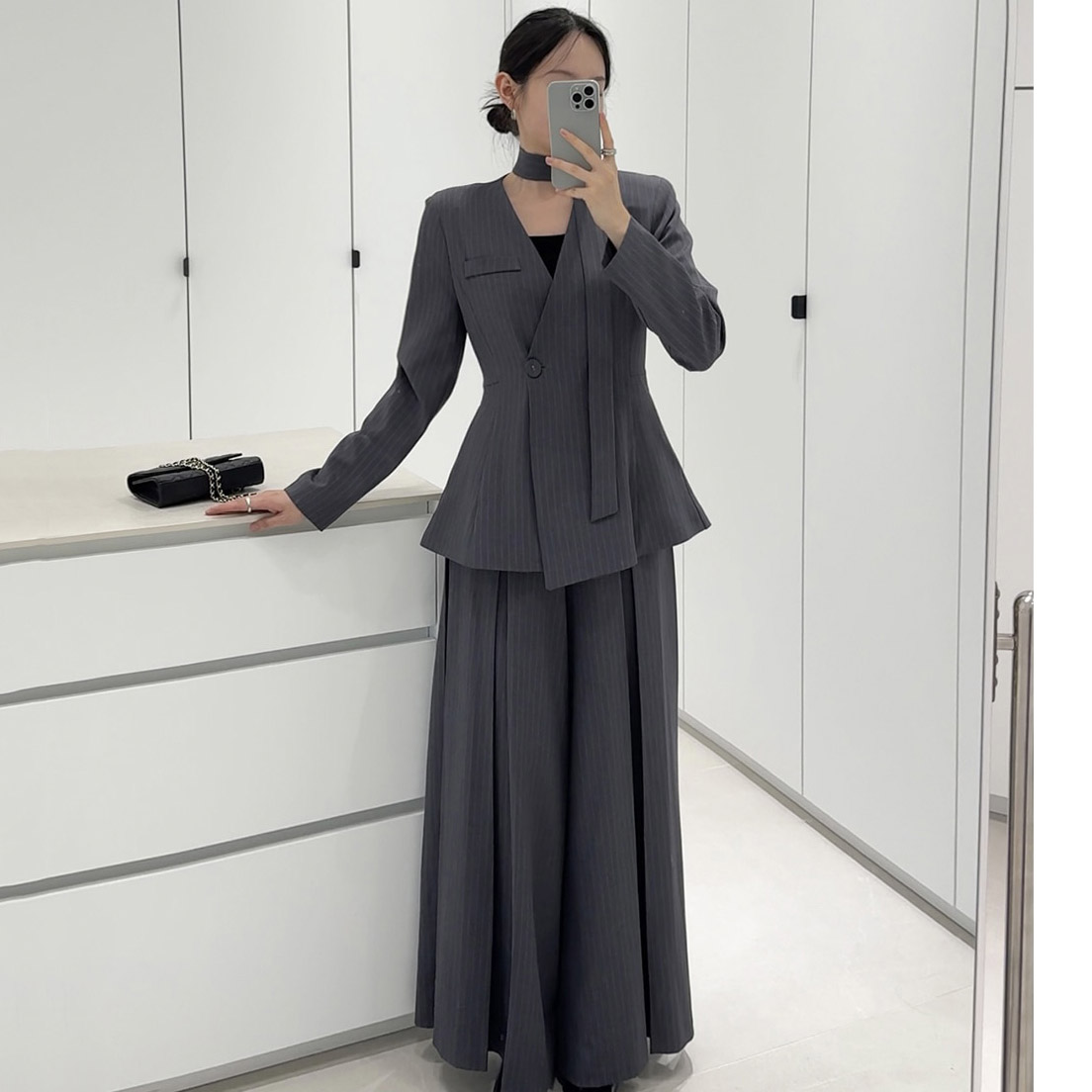 韩国东大门时尚气质V领收腰条纹西装外套女+高腰阔腿西裤两件套装
