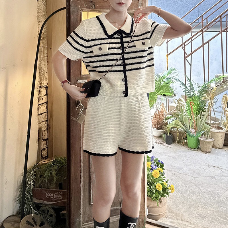 韩国东大门小香风撞色短袖条纹针织开衫女+高腰百搭休闲短裤套装