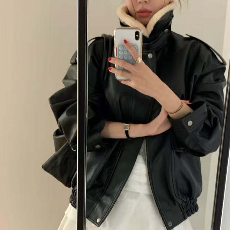 韩国东大门洋气宽松百搭机车服夹克毛领可拆卸夹棉PU皮衣外套冬女