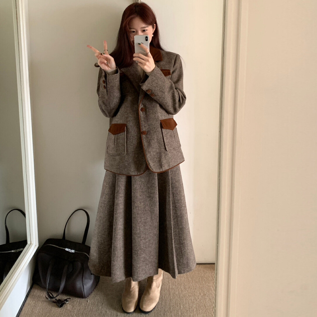 韩国东大门复古气质丝绒撞色毛呢子西装外套+高腰A字半身裙套装女