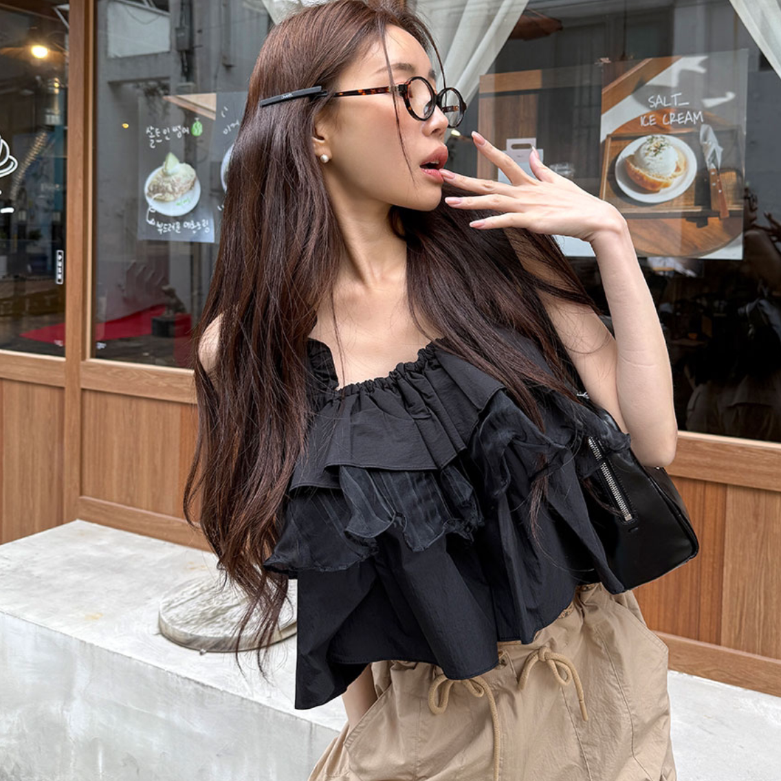 韩国蛋糕荷叶花边短款无袖背心女