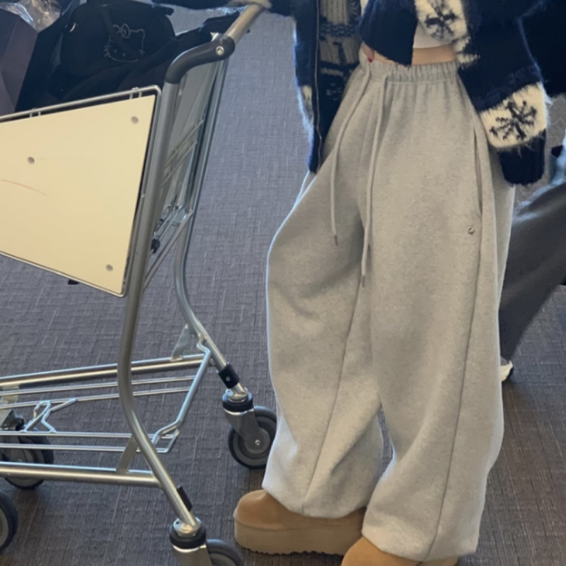 韩国东大门2025秋冬宽松松紧高腰抽绳加绒束脚休闲纯色卫衣长裤女