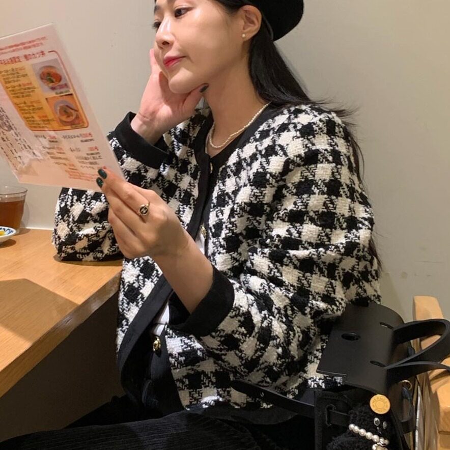 韩国小香风保暖黑白格粗花呢外套