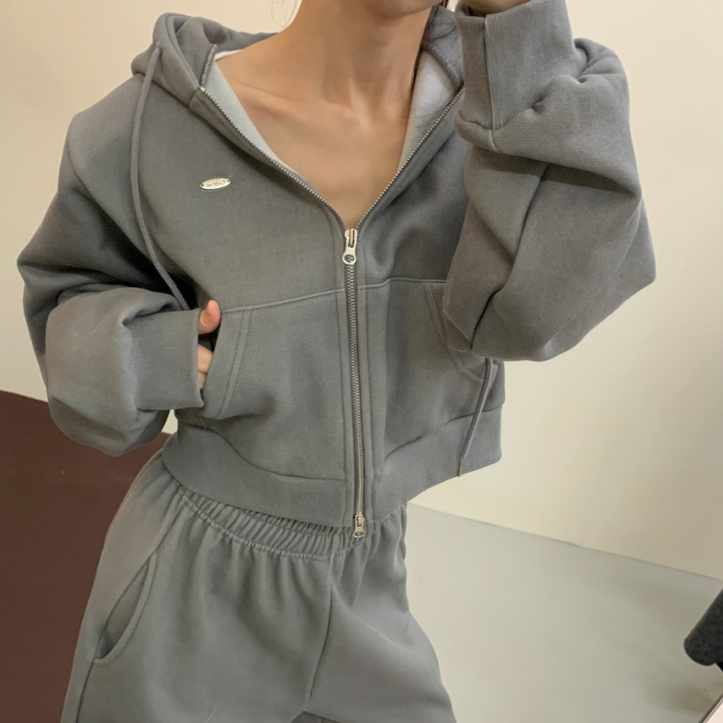 韩国东大门加绒连帽拉链卫衣短外套女+休闲阔腿束脚长卫裤两件套