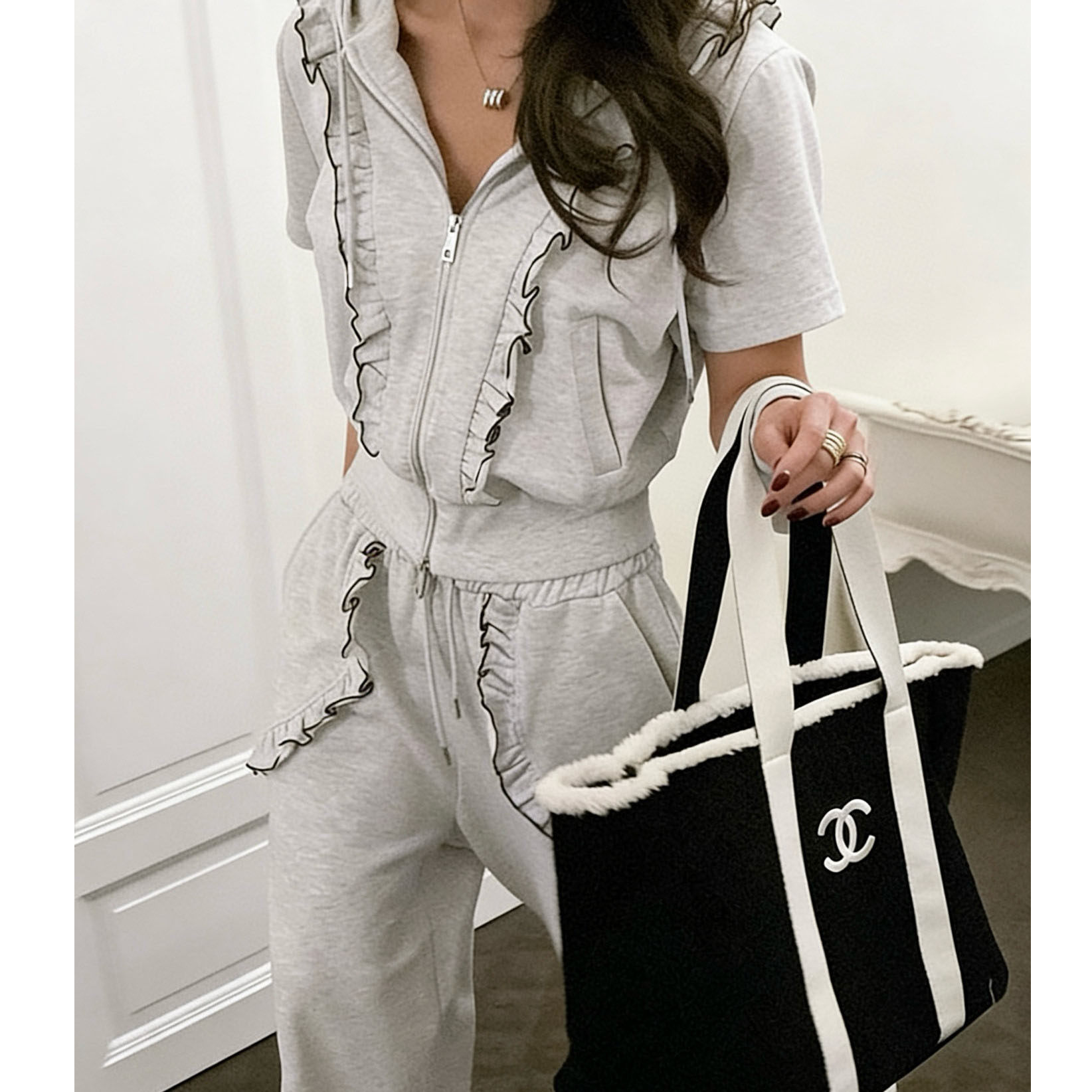 韩国东大门法式木耳边连帽拉链短袖卫衣女+直筒阔腿休闲卫裤套装