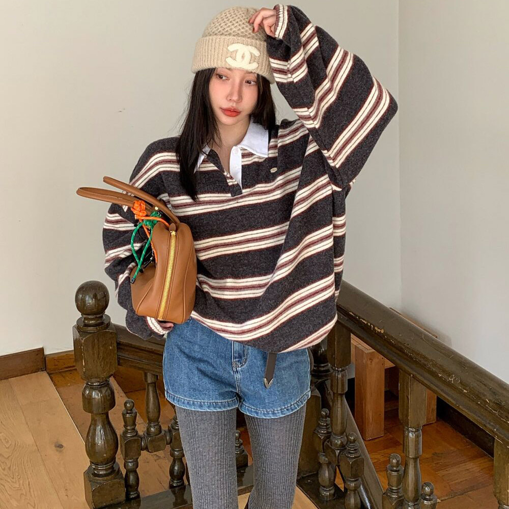 韩国东大门复古撞色条纹翻领宽松抽绳上衣衬衫休闲套头卫衣绒衫女