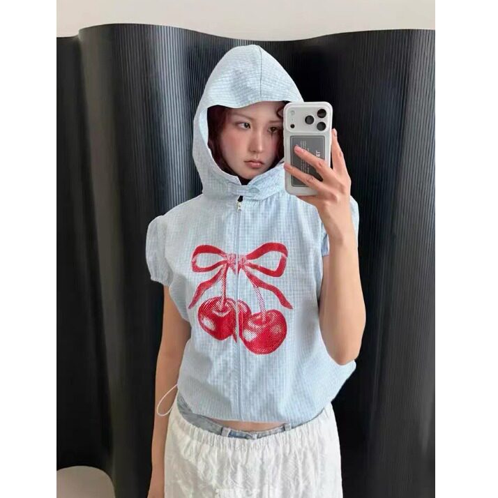 韩国时尚连帽拉链短款衬衫外套女
