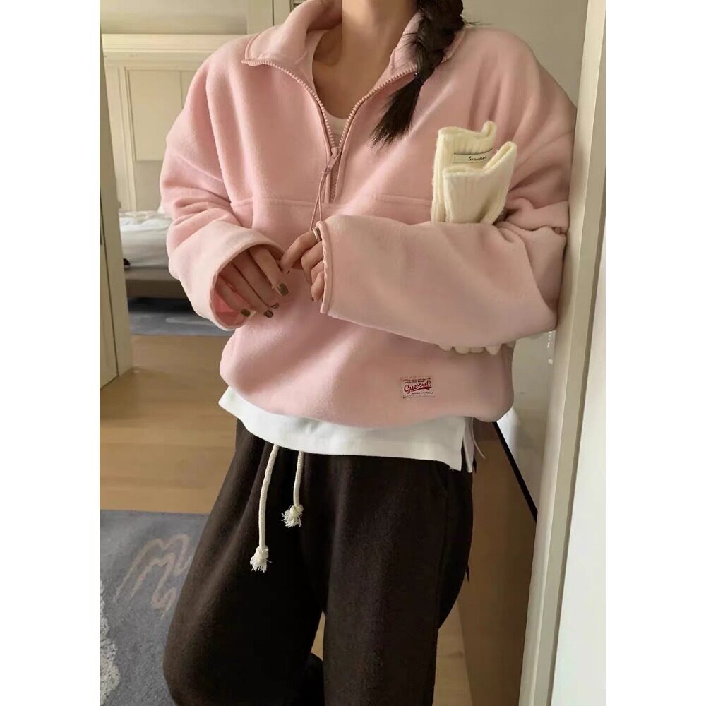 韩国立领半拉链摇粒绒长袖卫衣女