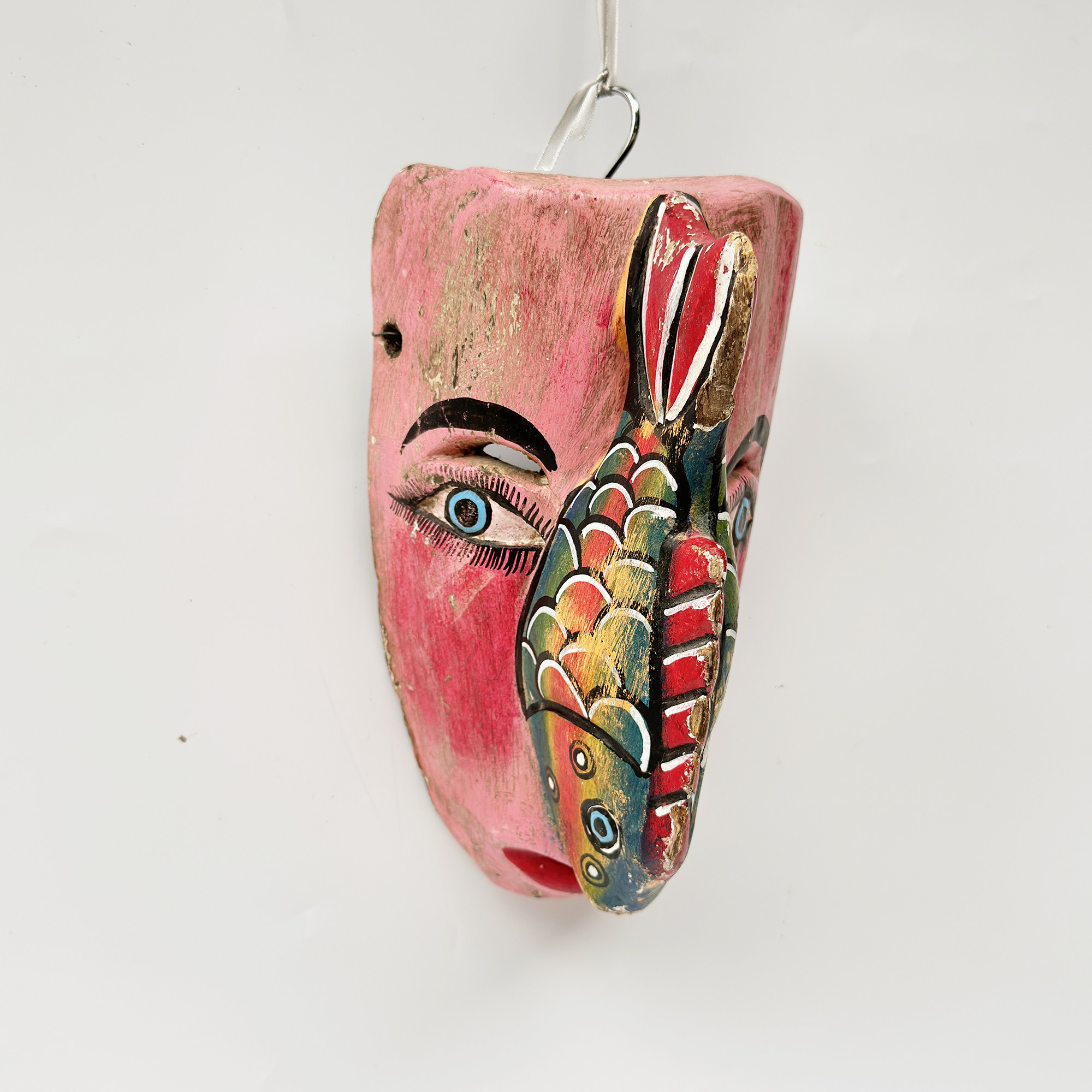 墨西哥传统手工木雕手工上色鱼人物面具彩绘装饰摆件民俗礼物