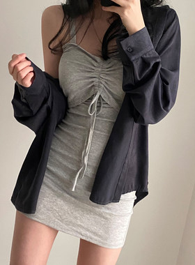 纯欲辣妹风收腰紧身抽绳系带抹胸裙宽吊带连衣裙女性感小个子短裙