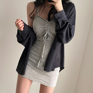 纯欲辣妹风收腰紧身抽绳系带抹胸裙宽吊带连衣裙女性感小个子短裙