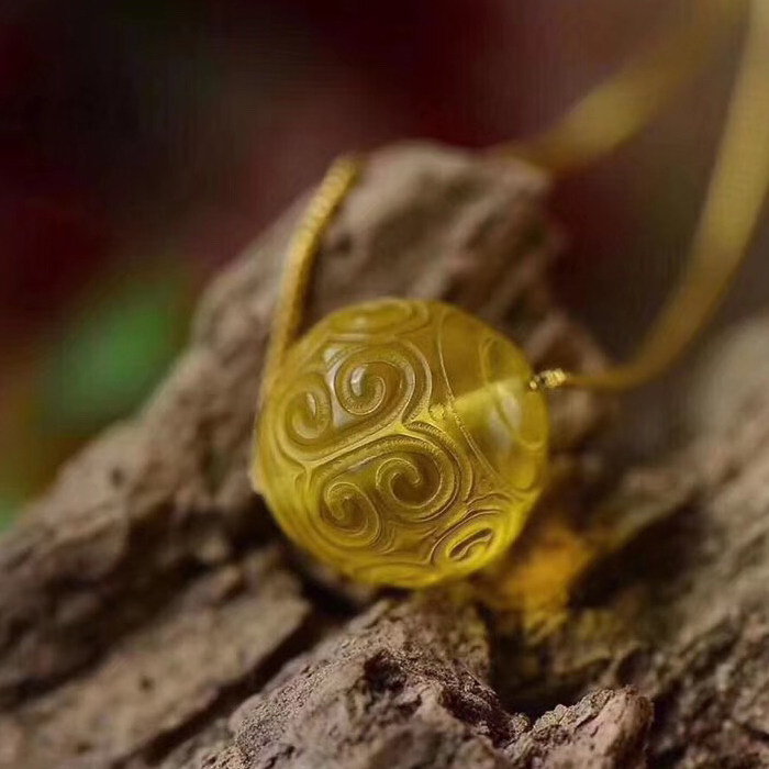 天然琥珀回纹珠转运珠吊坠 金珀回纹珠项链锁骨链 925银链