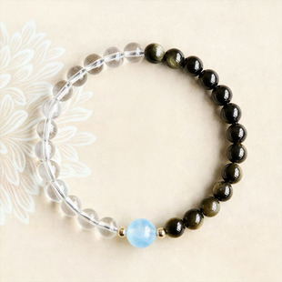 天然金曜石手串全净体白水晶海蓝宝转运珠五形补水天然海蓝宝手链