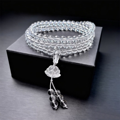 天然白水晶莲花手链 白水晶108粒手串 白水晶佛珠念珠108颗