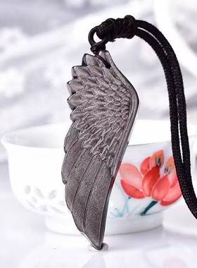 天然银曜石天使翅膀吊坠 银曜石雕刻招财男女款情侣款项链