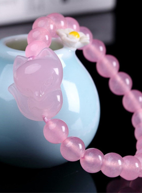 天然粉水晶狐狸手链 粉晶萌狐手串 粉晶灵狐手串 粉水晶大头狐狸