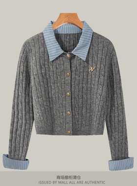 2025假两件拼接polo领新款长袖针织衫女早秋学院风简约短款上衣