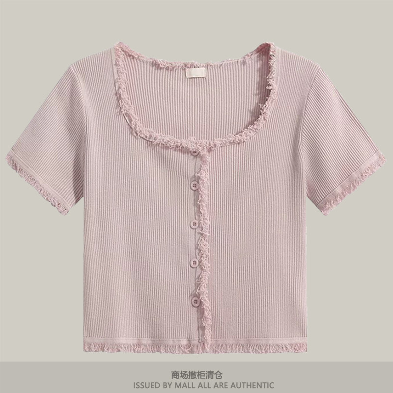 专柜短袖r针织衫夏季粉色冰丝短款流苏设计感小众短袖显瘦t恤女