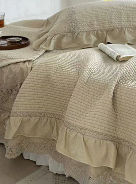 高端重工蕾丝纯棉床盖三件套韩国砂洗夹棉床单多功能被套四件套