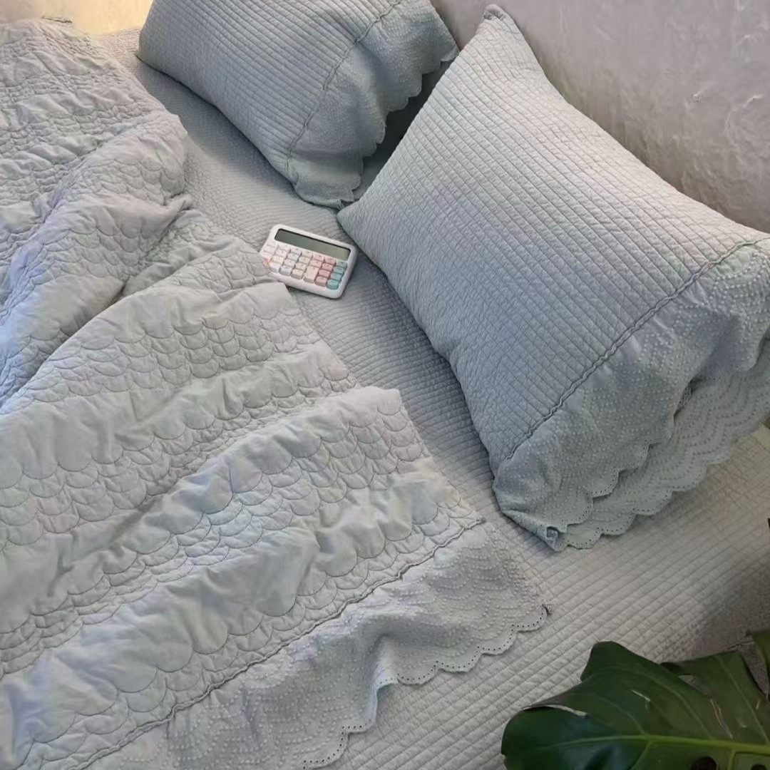 韩国高端砂洗纯棉床盖三件套绗缝夹棉多功能被套四季通用软糯裸睡