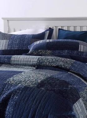 出口美国原单美式全棉复古印花手工拼布绗缝床盖三件套夹棉大床单