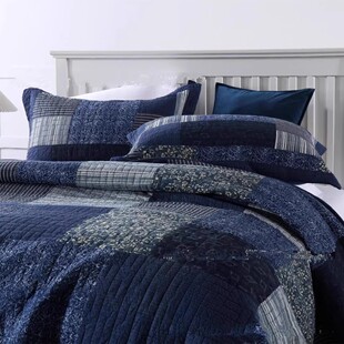 出口美国原单美式全棉复古印花手工拼布绗缝床盖三件套夹棉大床单