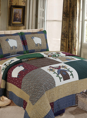 外贸美式纯棉绗缝被拼布韩国床盖三件套衍缝床罩炕垫盖毯空调夏被