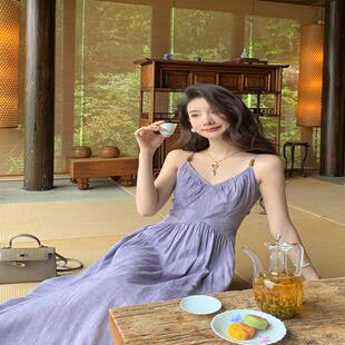 多巴胺绝美紫色吊带连衣裙女夏季520约会海岛边度假收腰沙滩裙子
