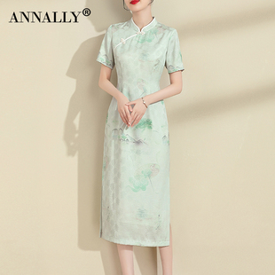 气质优雅复古修身 中长款 新款 Annally2024夏季 绿色印花旗袍连衣裙