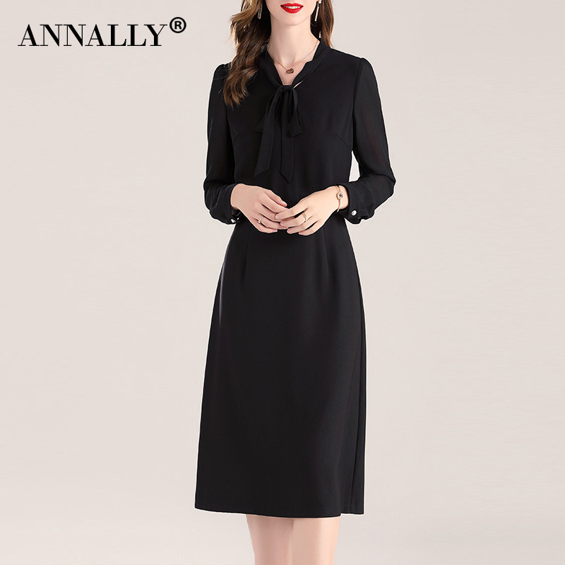 annally春装新款通勤简约职业修身打底假两件拼接连衣裙黑色