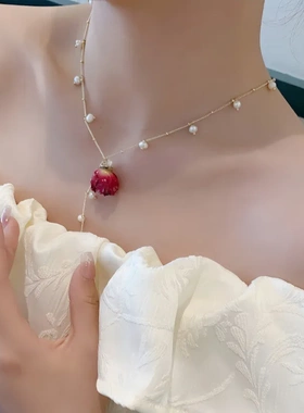 新款高级感饰品简约时尚玫瑰永生花真花优雅气质珍珠项链氛围感