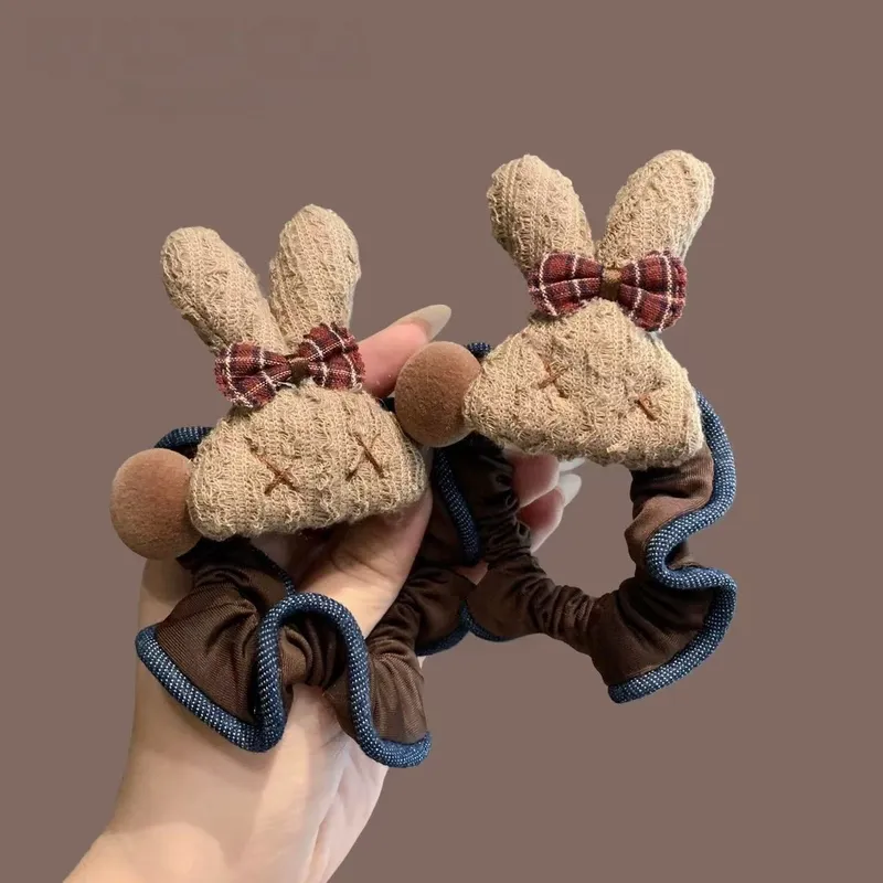 可爱兔子毛绒发圈女日韩风蝴蝶结发绳森系卡通头饰简约百搭头绳