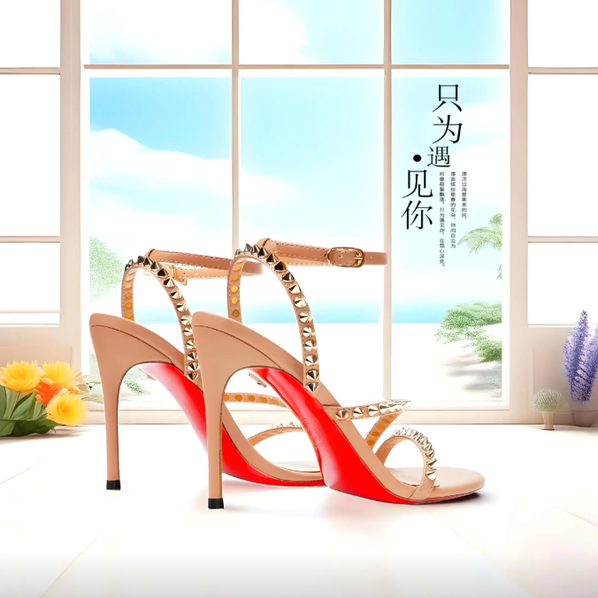 真皮高跟凉鞋女2025款铆钉细带细跟凉鞋圆头红底鞋爱心搭扣仙女鞋
