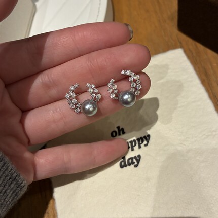 天然7-8mm海水真多麻珍珠耳钉S925纯银锆石花环设计珠光油亮